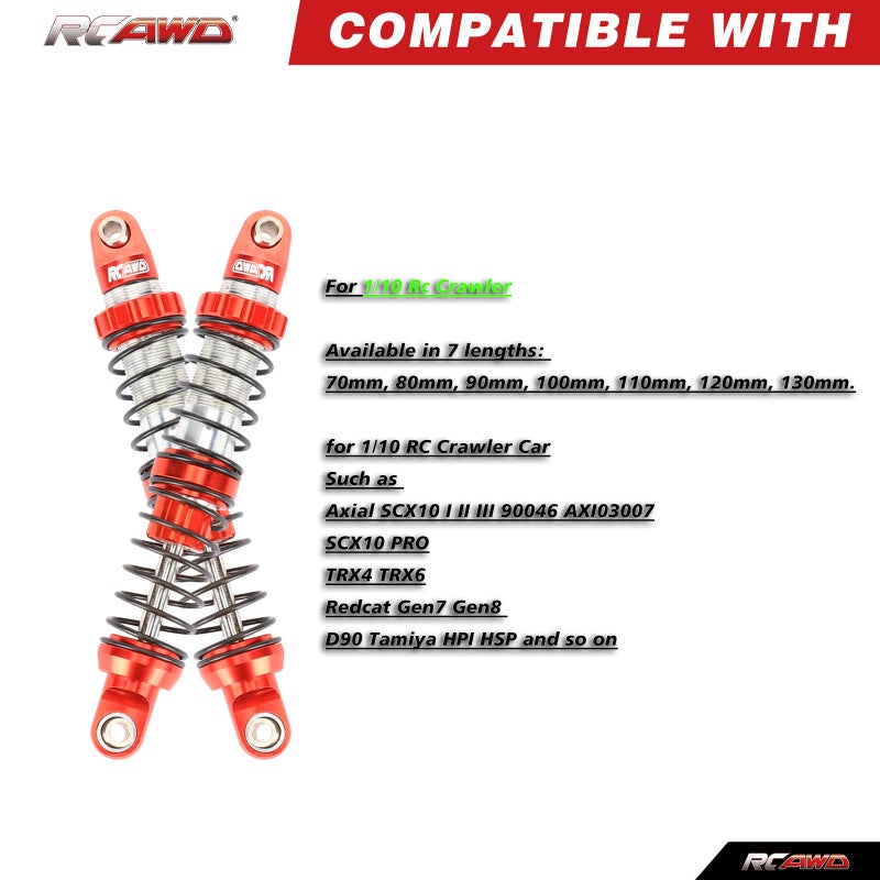 RCAWD 7075 80mm RC Shocks Universal for 1/10 RC Crawler Upgrades, Shock Absorber Dampers with Spring for SCX10 I II III Pro 90046 AXI231017 TRX4 TRX6 Redcat D90 MST Red - Image 3